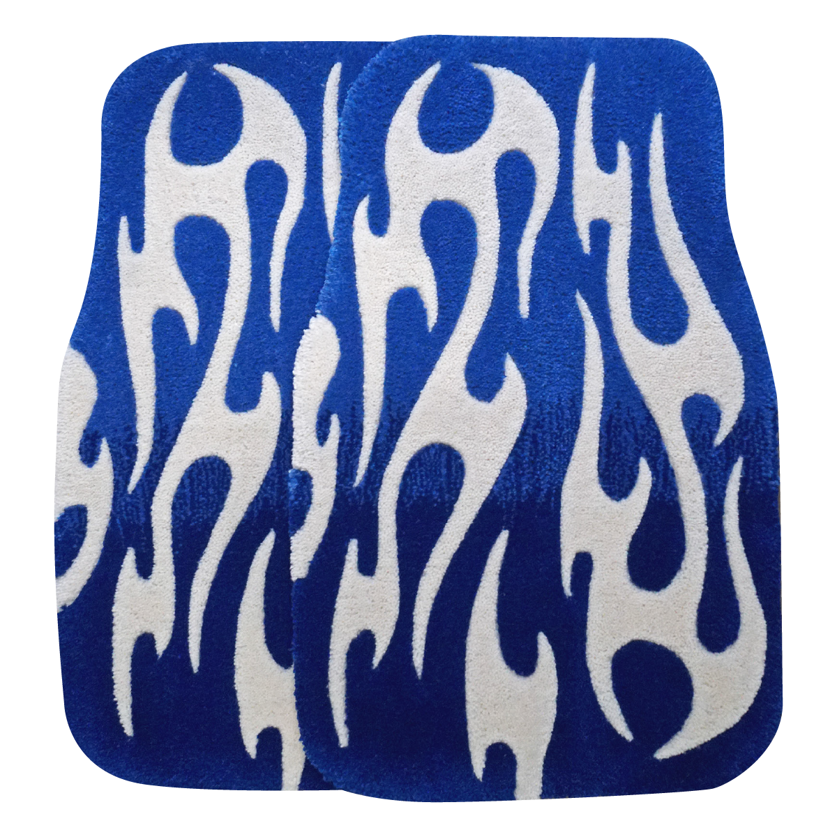 Pair of hand-made car floor mats featuring a vibrant flame design in blue gradient and white tribal flames, with a retro-inspired aesthetic.