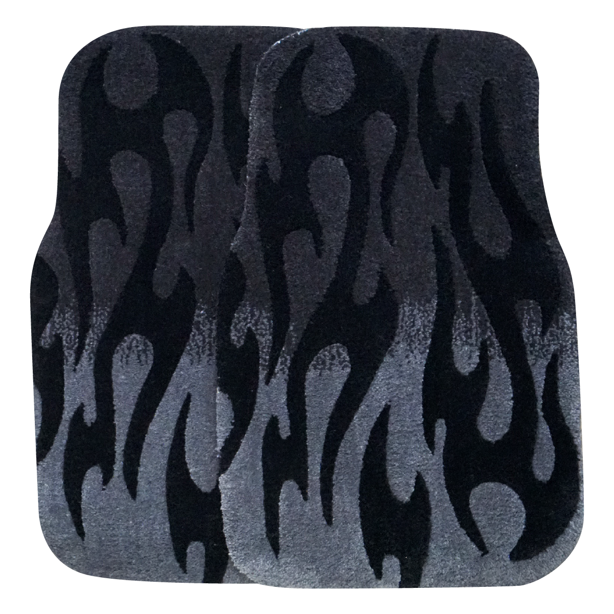 Pair of hand-made car floor mats featuring a vibrant flame design in gray gradient and black tribal flames, with a retro-inspired aesthetic.
