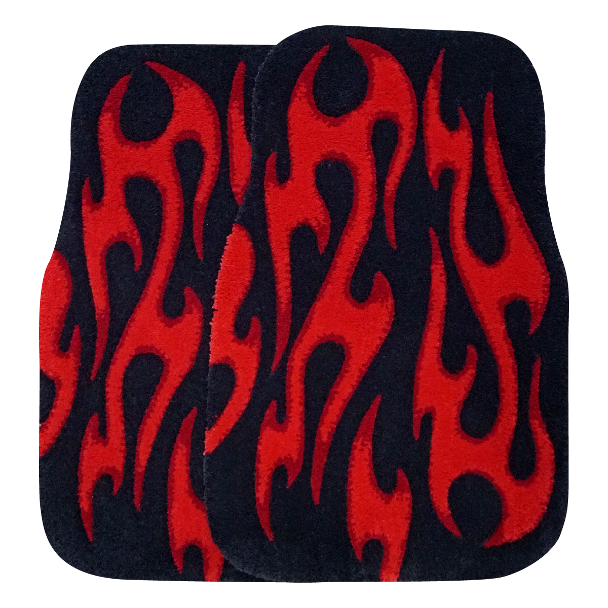 Pair of hand-made car floor mats featuring a vibrant flame design in black and red gradient tribal flames, with a retro-inspired aesthetic.