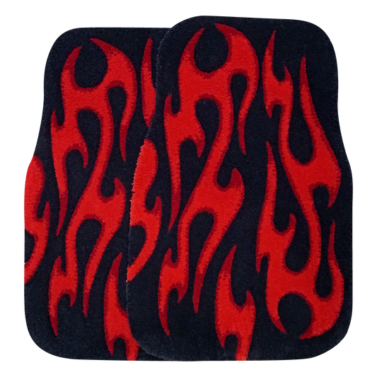 Pair of hand-made car floor mats featuring a vibrant flame design in black and red gradient tribal flames, with a retro-inspired aesthetic.