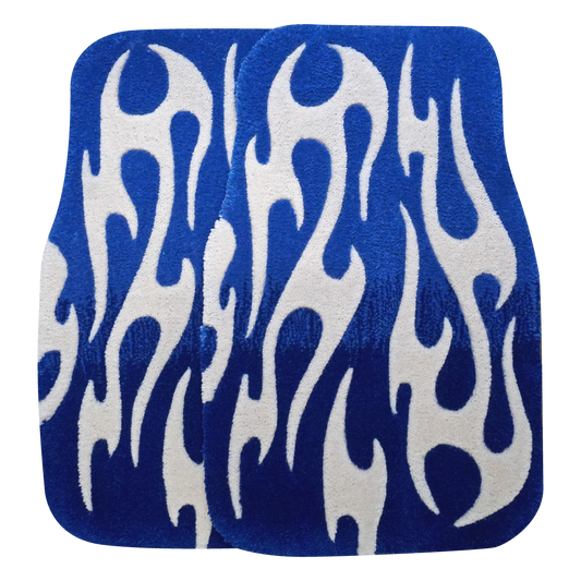 Pair of hand-made car floor mats featuring a vibrant flame design in blue gradient and white tribal flames, with a retro-inspired aesthetic.