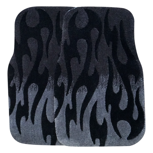 Pair of hand-made car floor mats featuring a vibrant flame design in gray gradient and black tribal flames, with a retro-inspired aesthetic.