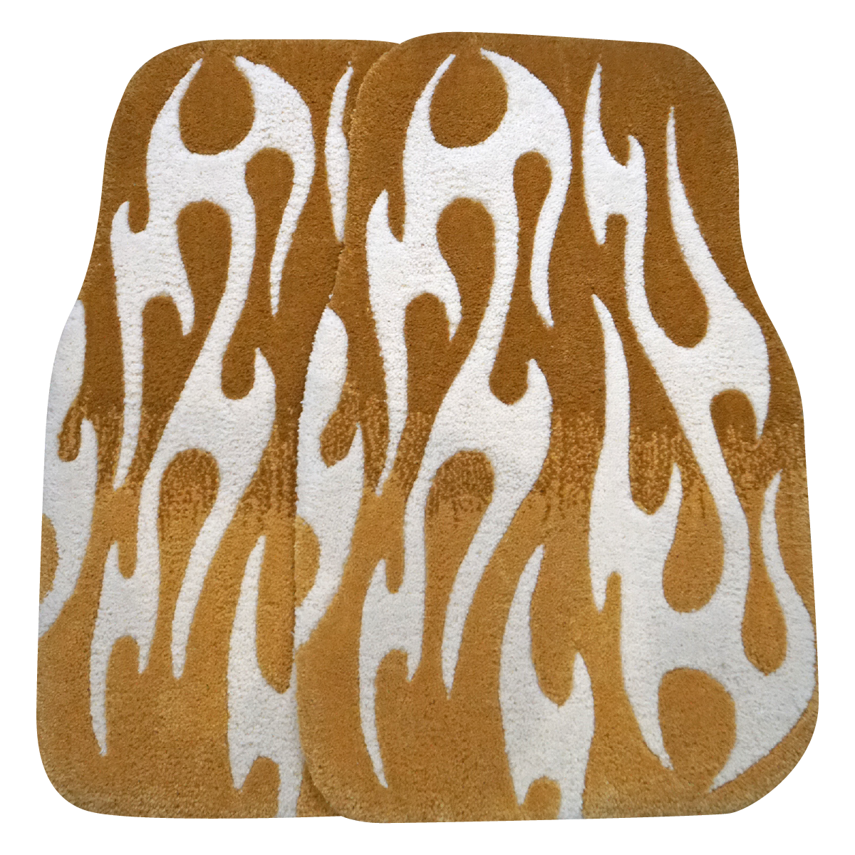 Pair of hand-made car floor mats featuring a vibrant flame design in gradient golden yellow and white tribal flames, with a retro-inspired aesthetic.