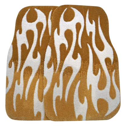 Pair of hand-made car floor mats featuring a vibrant flame design in gradient golden yellow and white tribal flames, with a retro-inspired aesthetic.