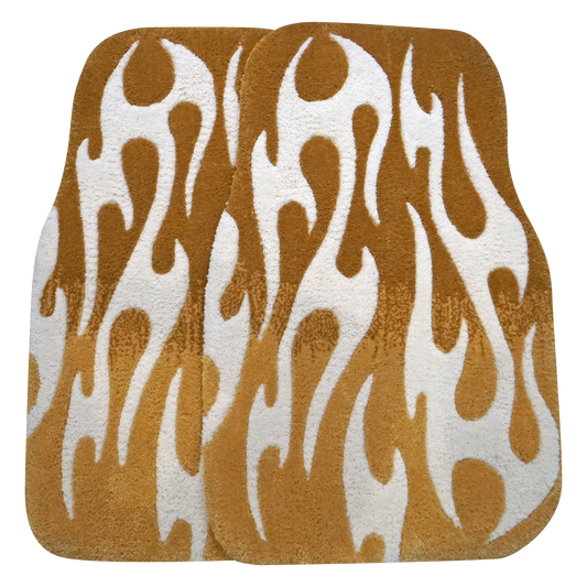 Pair of hand-made car floor mats featuring a vibrant flame design in gradient golden yellow and white tribal flames, with a retro-inspired aesthetic.